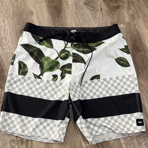 Vans Men's Black and White Leaf Print Board Shorts